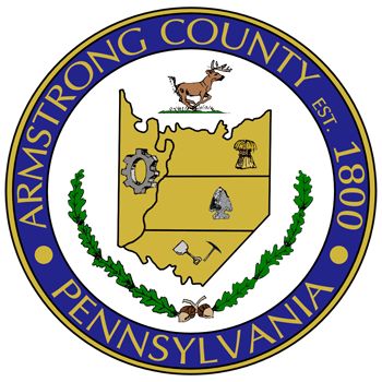 Seal of Armstrong County, Pennsylvania, featuring a map outline, symbols of industry, and a deer, with 